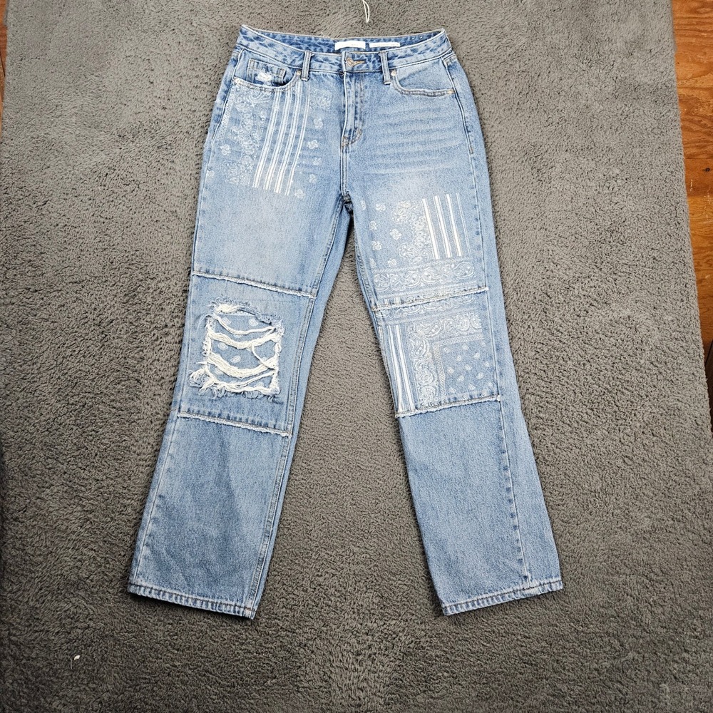 CLEO + WOLF 28x30 High Rise‎ Straight Jeans Bandana Patch Distressed Blue Wash